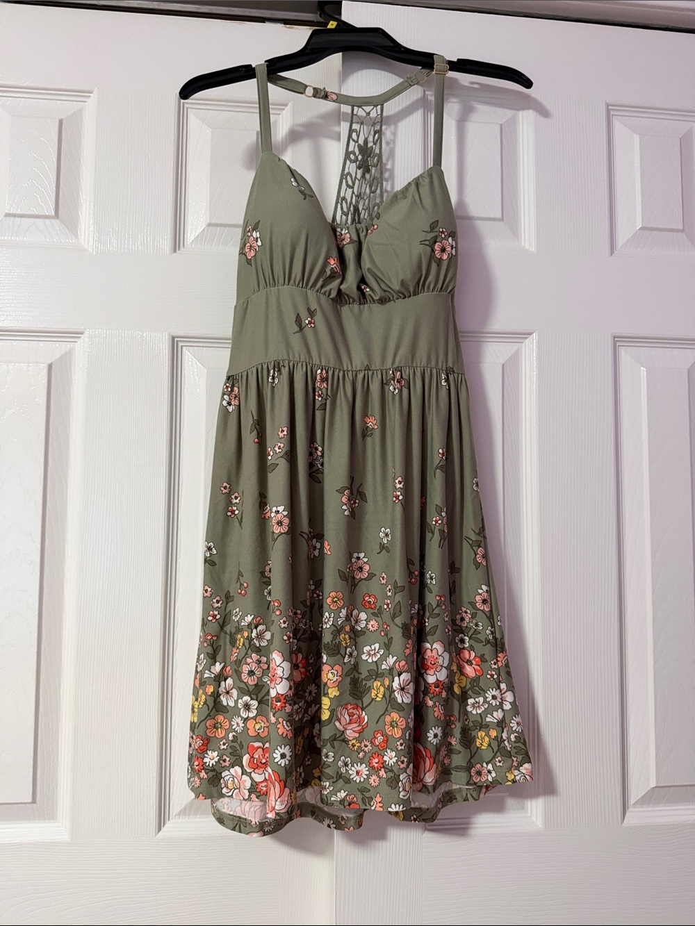 Derek Heart Olive Green Floral Mini Dress with Macramé Back
